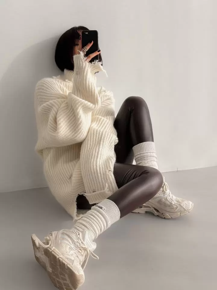 Paper Moon - Korean Women Fashion - #momslook - alpaca blend wool chunky oversized distressed turltleneck knit