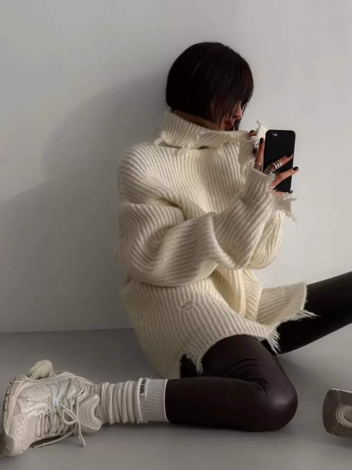 Paper Moon - Korean Women Fashion - #momslook - alpaca blend wool chunky oversized distressed turltleneck knit - 3