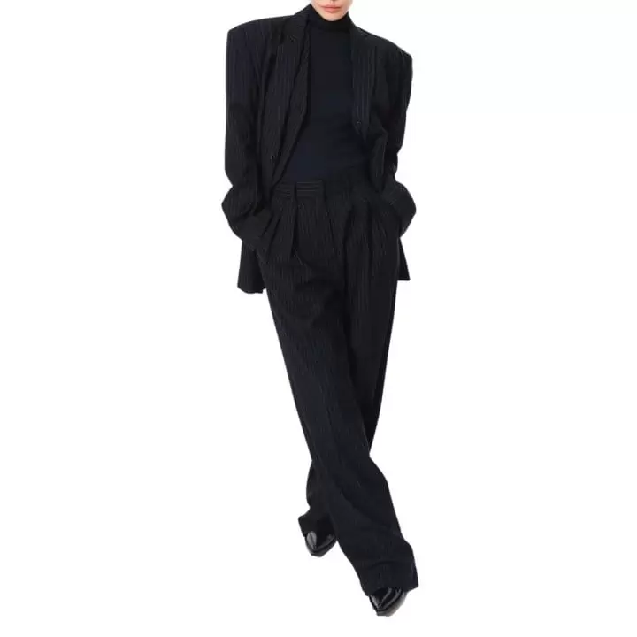 Paper Moon - Korean Women Fashion - #momslook - pin striped low waisted double pleats wide trousers - 3