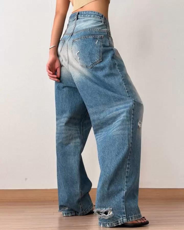 Paper Moon - Korean Women Fashion - #momslook - vintage blue distressed damage wash wide-leg jeans - 2