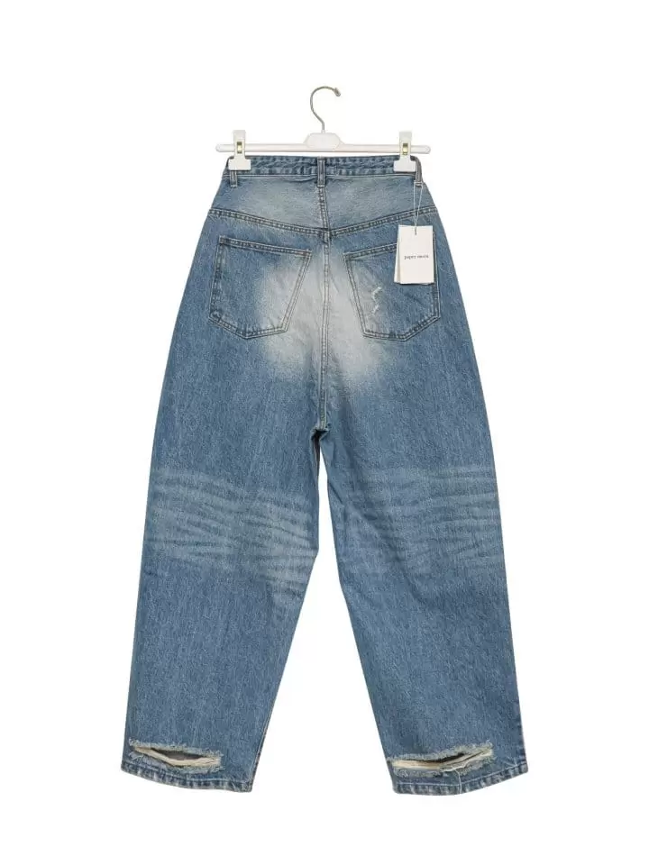 Paper Moon - Korean Women Fashion - #momslook - vintage blue distressed damage wash wide-leg jeans - 8