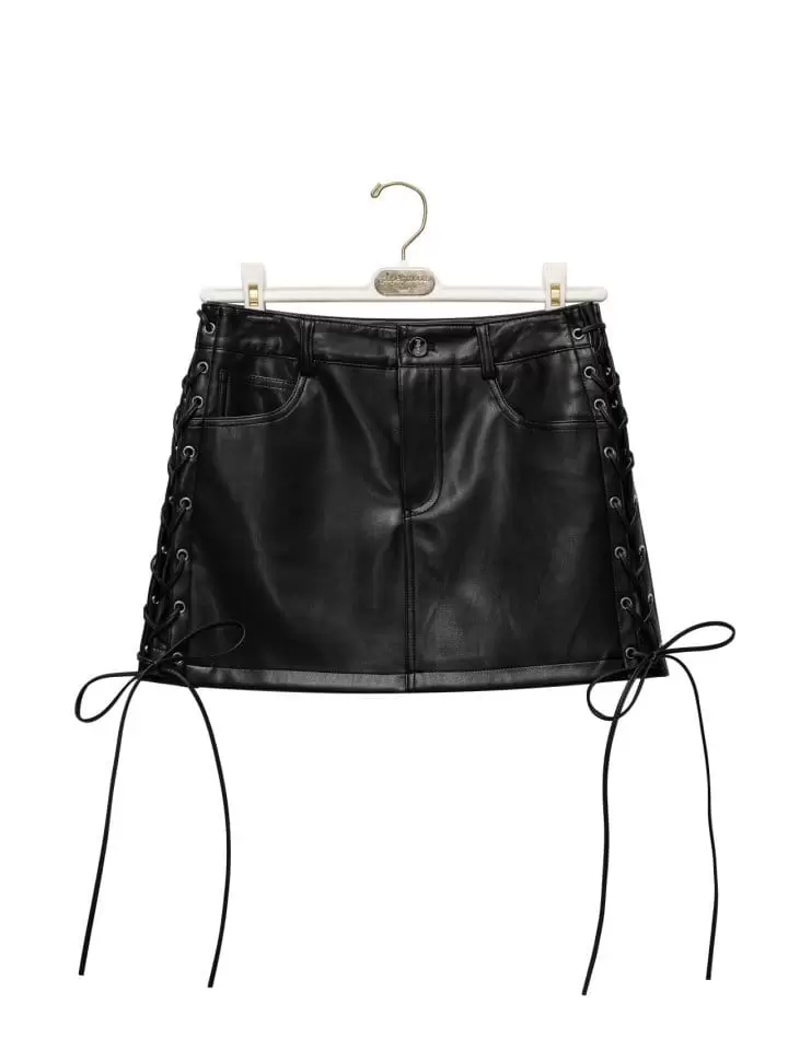 Paper Moon - Korean Women Fashion - #momslook - eyelet strap detail vegan leather mini skirt