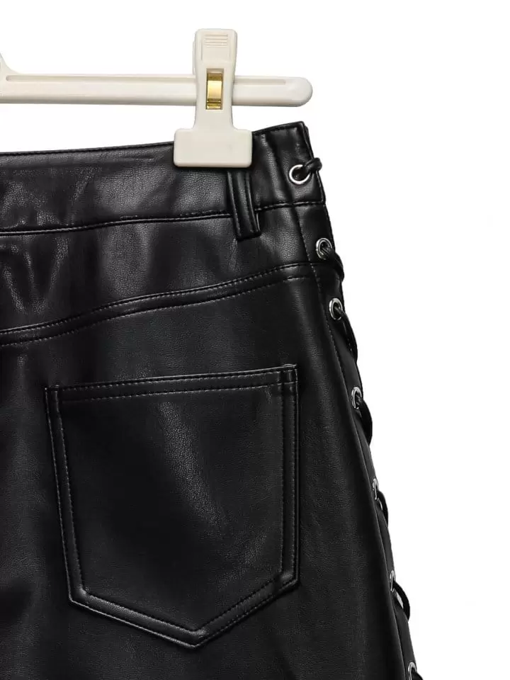 Paper Moon - Korean Women Fashion - #momslook - eyelet strap detail vegan leather mini skirt - 11