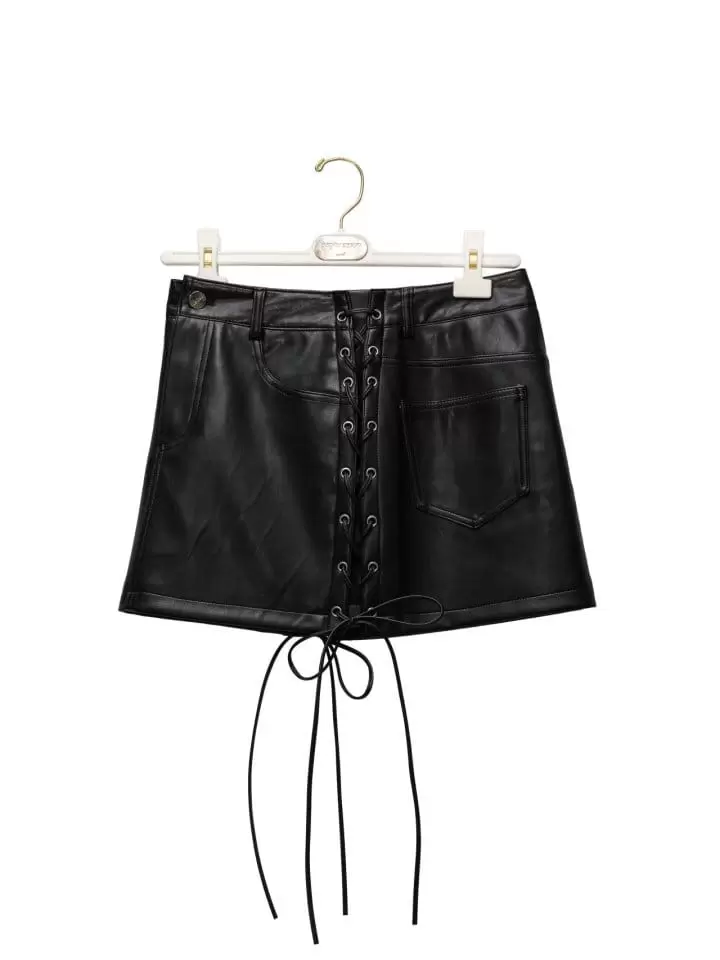 Paper Moon - Korean Women Fashion - #momslook - eyelet strap detail vegan leather mini skirt - 3