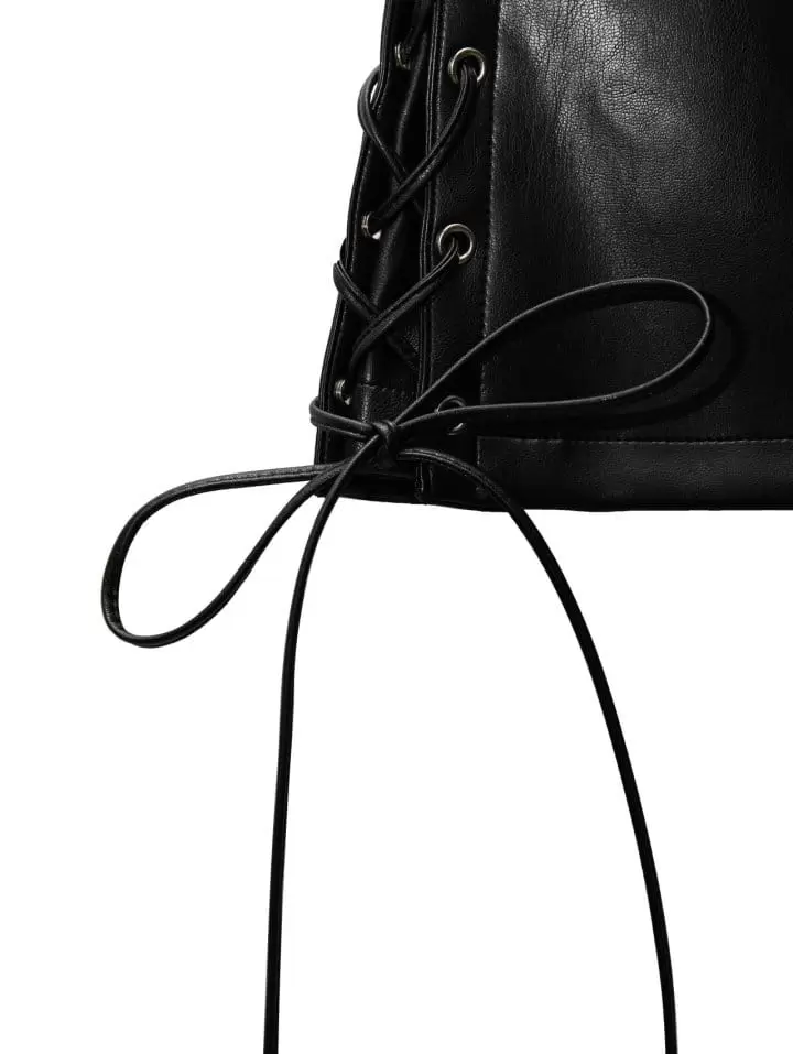 Paper Moon - Korean Women Fashion - #momslook - eyelet strap detail vegan leather mini skirt - 7