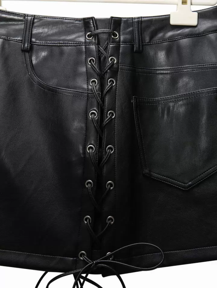Paper Moon - Korean Women Fashion - #momslook - eyelet strap detail vegan leather mini skirt - 9