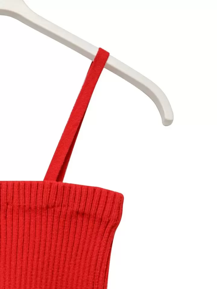 Paper Moon - Korean Women Fashion - #momslook - cropped ribbed strap shoulder knit top - 10