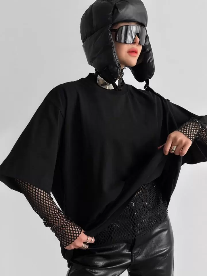 Paper Moon - Korean Women Fashion - #momslook - mock neck ribbed damage detail oversized pigment t - shirt - 2