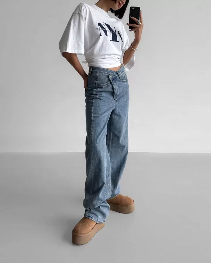 Paper Moon - Korean Women Fashion - #momslook - wrap button fly straight denim jeans - 3