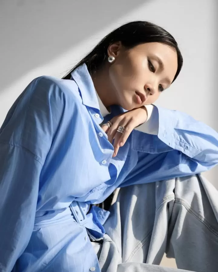 Paper Moon - Korean Women Fashion - #momslook - striped pattern belted button down shirt - 3