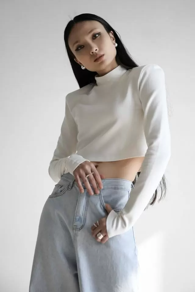 Paper Moon - Korean Women Fashion - #momslook - padded shoulder mock neck cropped top