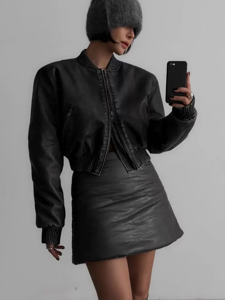 Paper Moon - Korean Women Fashion - #momslook - Washed Vegan L Cropped Mini Full Zipped Up Bomber - 2
