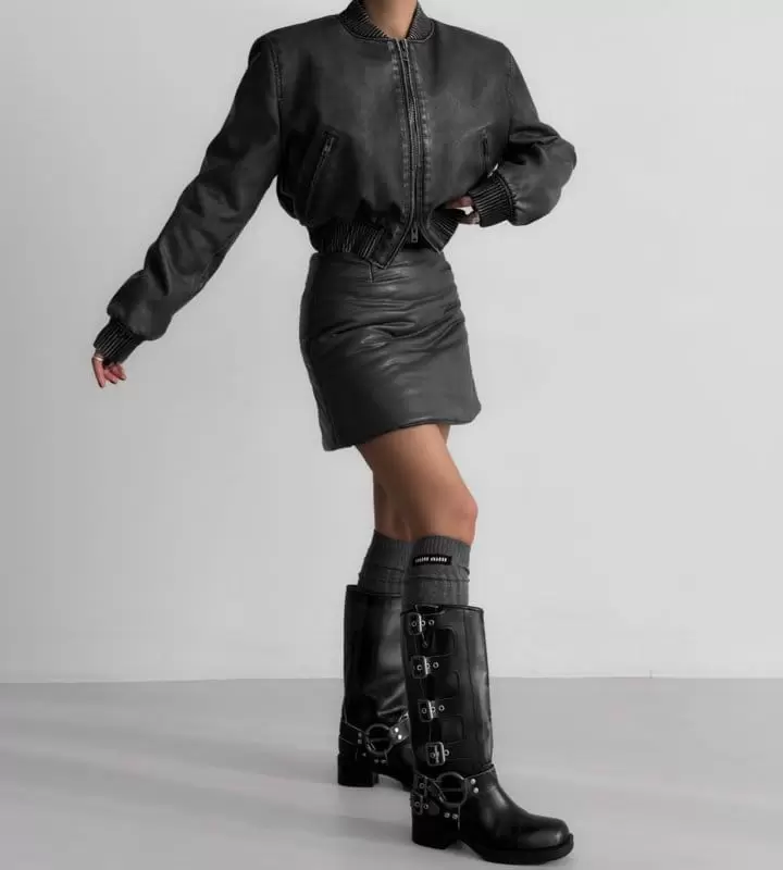 Paper Moon - Korean Women Fashion - #womensfashion - Washed Vegan L Cropped Mini Full Zipped Up Bomber - 4