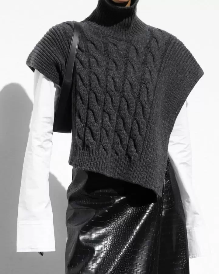 Paper Moon - Korean Women Fashion - #momslook - Twisted Chunky Detail Turtleneck Knit Cape Top - 2