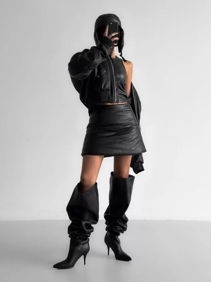 Paper Moon - Korean Women Fashion - #restrostyle - padded vegan leather mini flared skirt