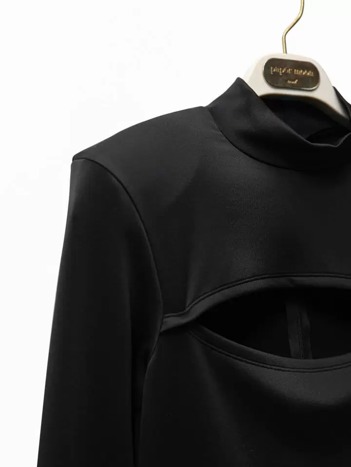 Paper Moon - Korean Women Fashion - #thatsdarling - cut out detail mockneck padded shoulder mini dress - 10