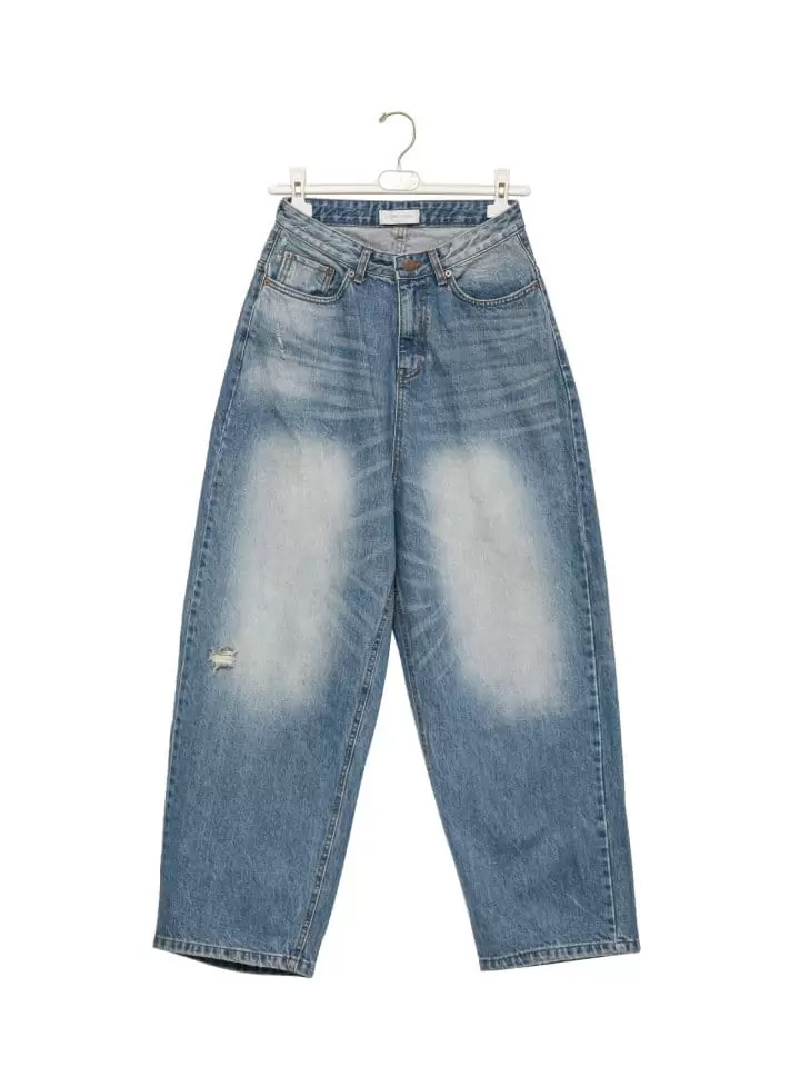 Paper Moon - Korean Women Fashion - #womensfashion - vintage blue distressed damage wash wide-leg jeans - 7