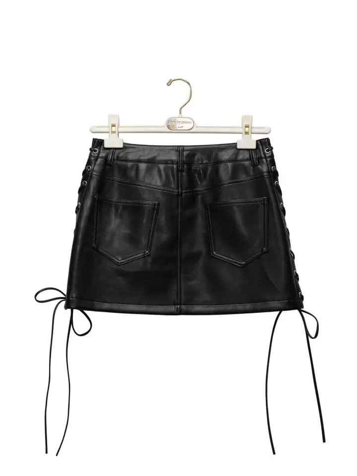 Paper Moon - Korean Women Fashion - #womensfashion - eyelet strap detail vegan leather mini skirt - 2
