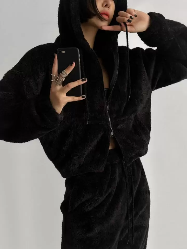 Paper Moon - Korean Women Fashion - #womensfashion - teddy fleeced cropped full zip up hoodie - 3