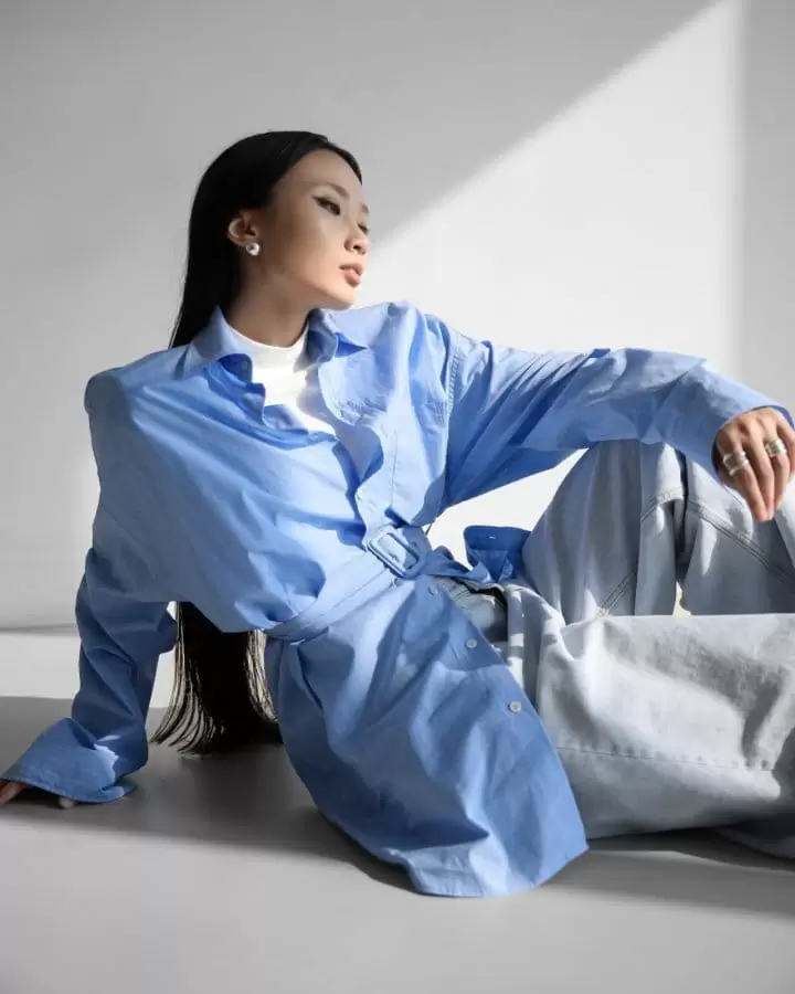 Paper Moon - Korean Women Fashion - #womensfashion - striped pattern belted button down shirt - 2