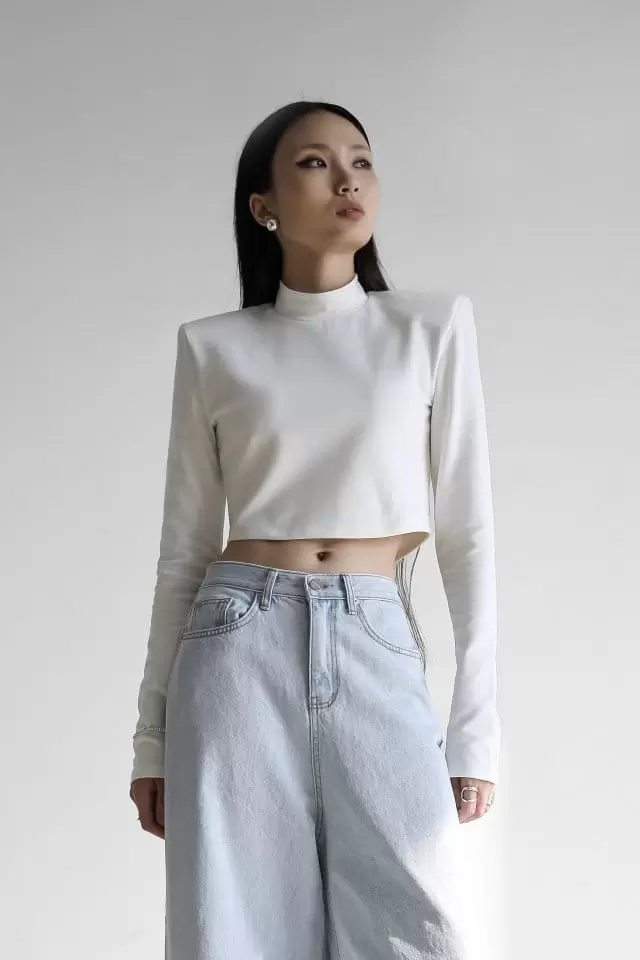 Paper Moon - Korean Women Fashion - #womensfashion - padded shoulder mock neck cropped top - 2