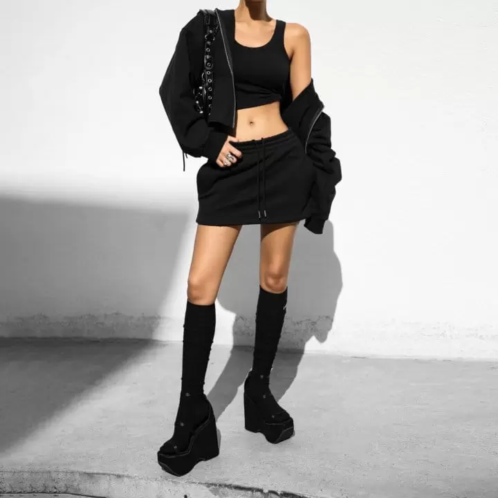 Paper Moon - Korean Women Fashion - #womensfashion - drawstring sweat mini skirt - 11