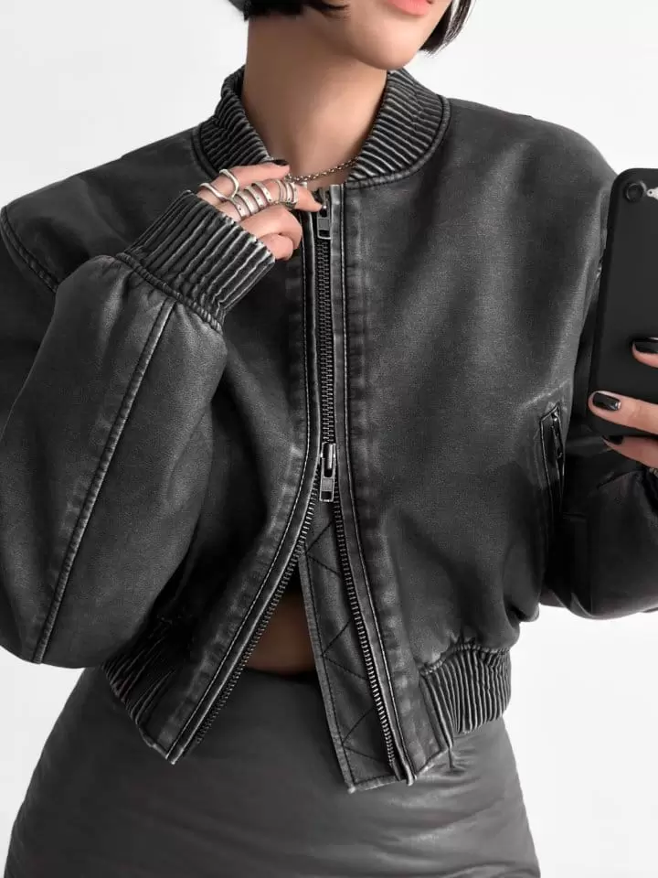 Paper Moon - Korean Women Fashion - #womensfashion - Washed Vegan L Cropped Mini Full Zipped Up Bomber - 3
