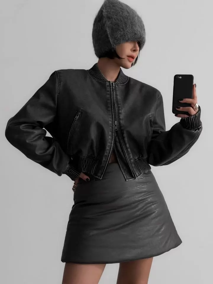 Paper Moon - Korean Women Fashion - #womensfashion - Washed Vegan L Cropped Mini Full Zipped Up Bomber - 5