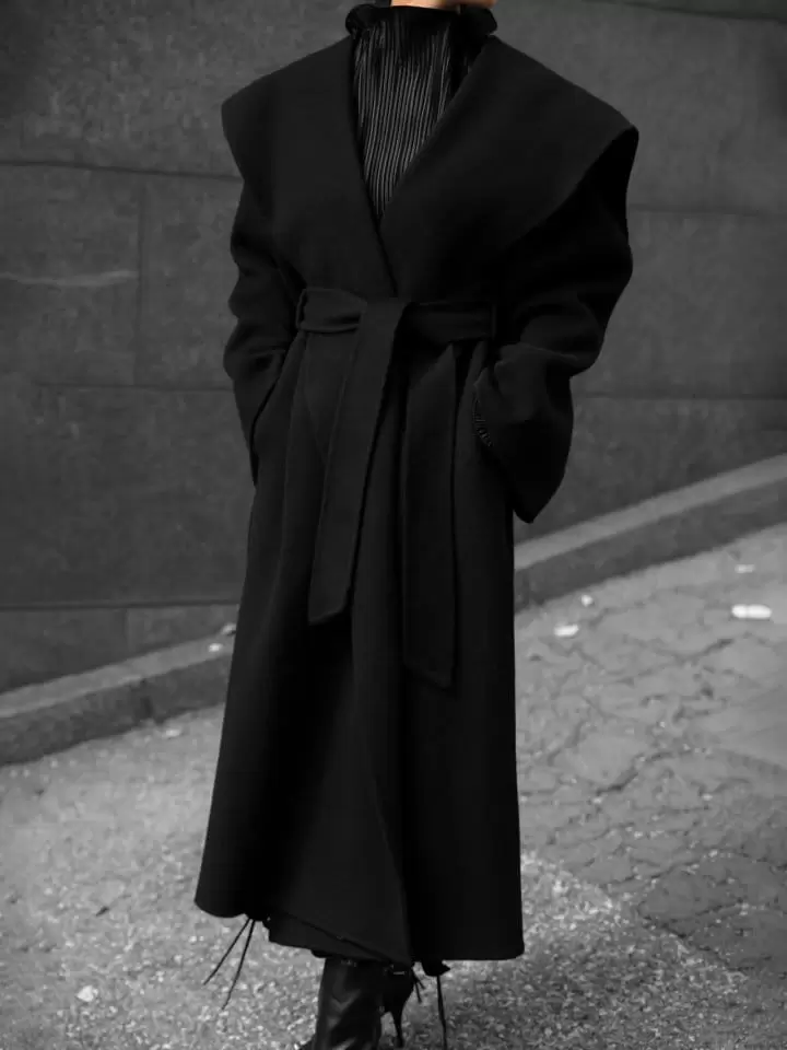 Paper Moon - Korean Women Fashion - #womensfashion -  Long Hair W Oversized Sailor Collar Belted Handmade Coat  - 2