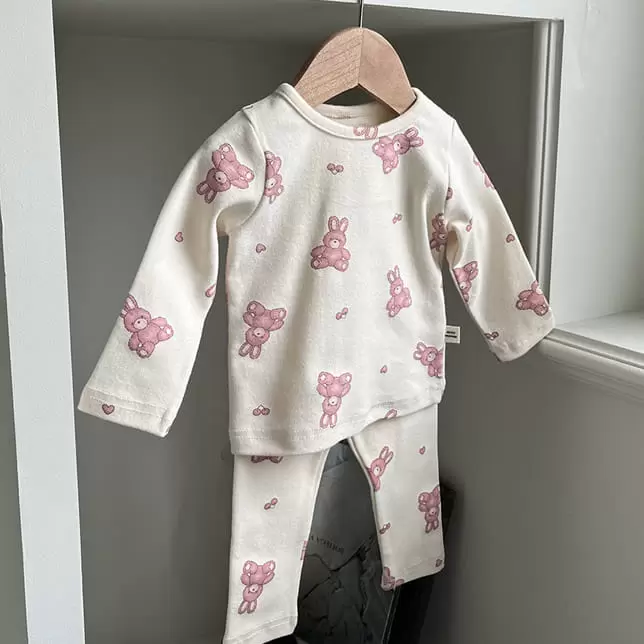 Petitwonnie - Korean Baby Fashion - #babyoninstagram - Pink Rabbit Top Bottom Set - 2