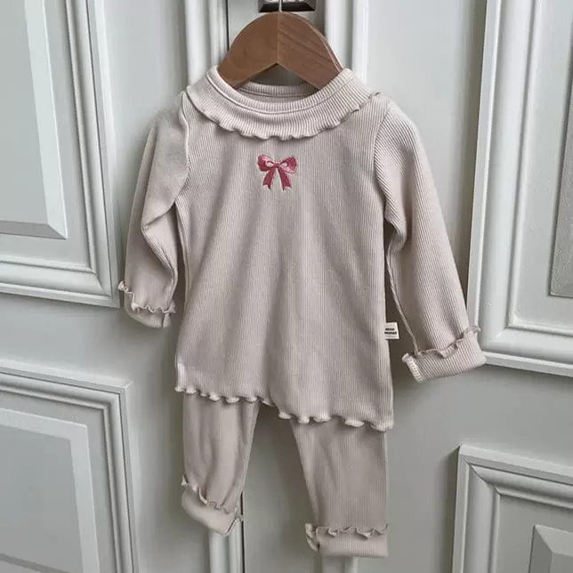 Petitwonnie - Korean Children Fashion - #Kfashion4kids - Lovely Ribbon Embroider Top Bottom Set