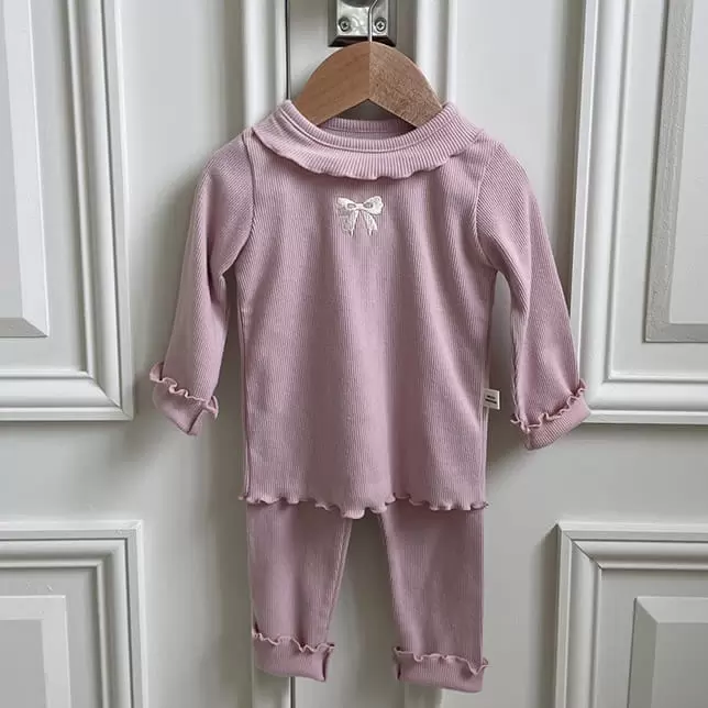 Petitwonnie - Korean Children Fashion - #littlefashionista - Lovely Ribbon Embroider Top Bottom Set - 2