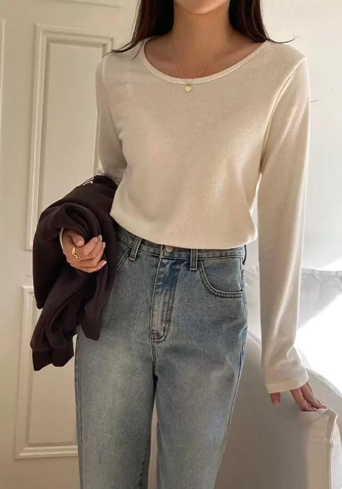 Tahiti - Korean Women Fashion - #momslook - Rose Rib Fleece Tee - 2